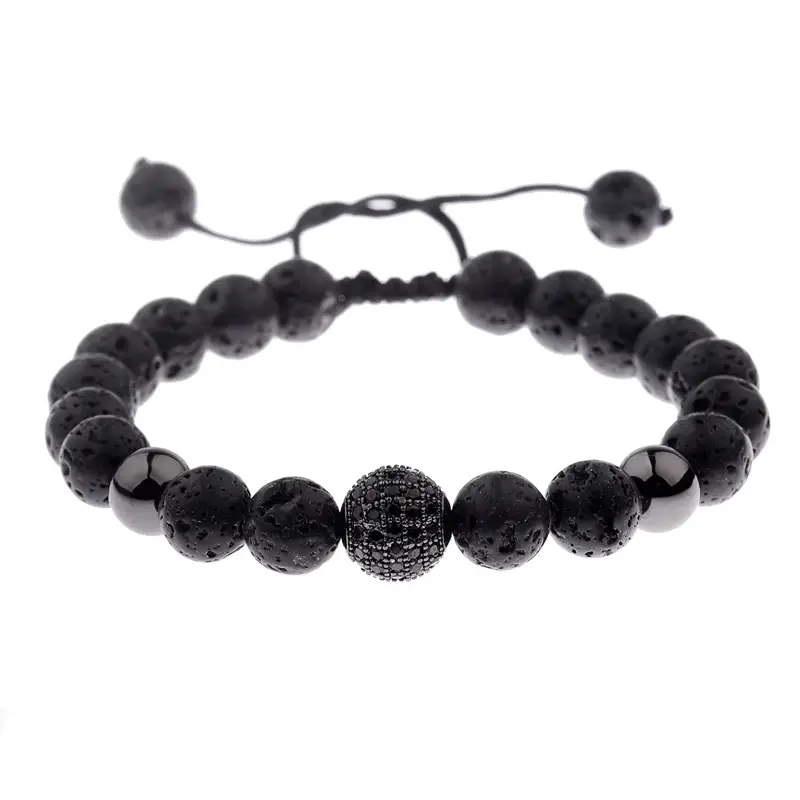 Thumbnail: DOUVEI Round Black CZ Zircon Pave Lava Weaving Bracelet for Men, Adjustable