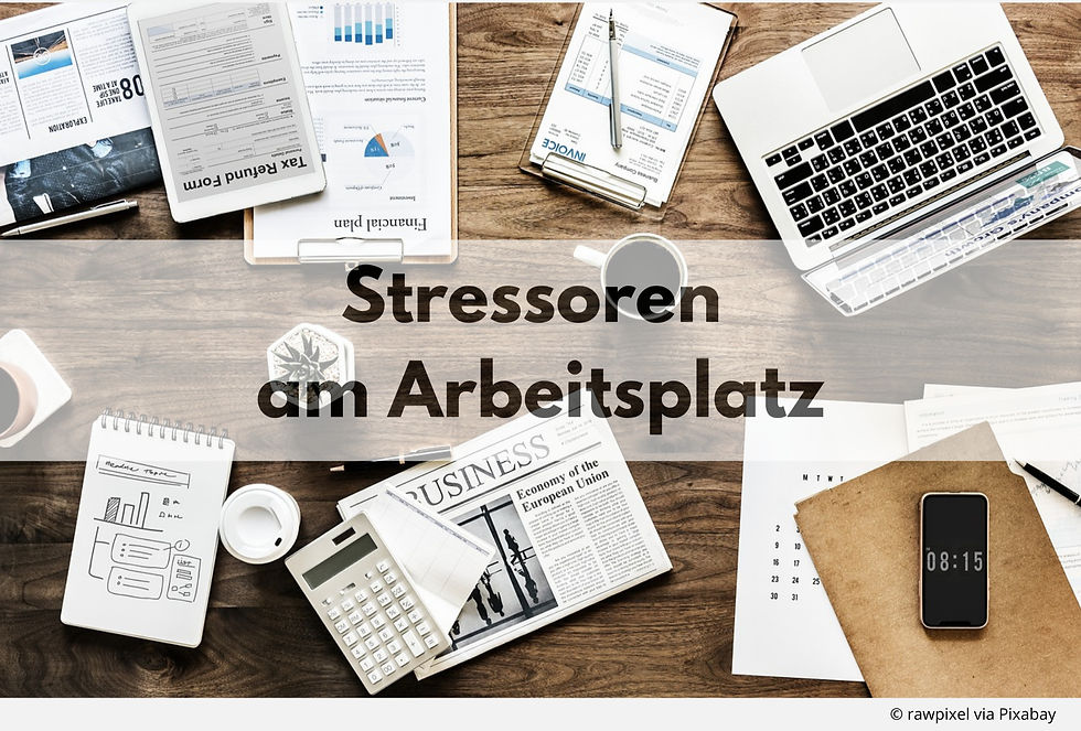 Schreibtisch mit verschiedenen Bürogegenständen wie Laptop, Taschenrechner, Notizbuch, Finanzdokumenten, Zeitung und Kaffeetasse. In der Mitte des Bildes steht groß der Titel: „Stressoren am Arbeitsplatz“. Oben rechts ein Sprechblasen-Symbol, unten rechts der Bildnachweis: © rawpixel via Pixabay.