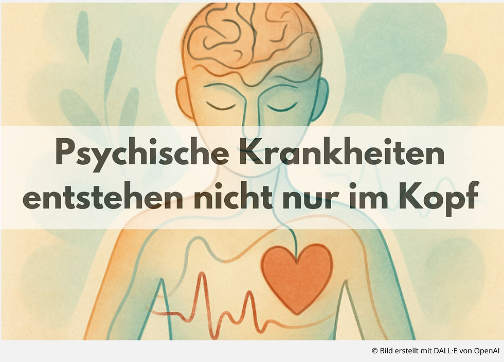 Illustration eines Menschen, bei dem Gehirn und Herz sichtbar dargestellt sind. Darüber liegt der Text „Psychische Krankheiten entstehen nicht nur im Kopf“. Darunter steht „Zusammenspiel von Körper und Psyche verstehen + hilfreiche und praktische Übungen“. Das Bild vermittelt den Zusammenhang zwischen körperlicher und psychischer Gesundheit.
