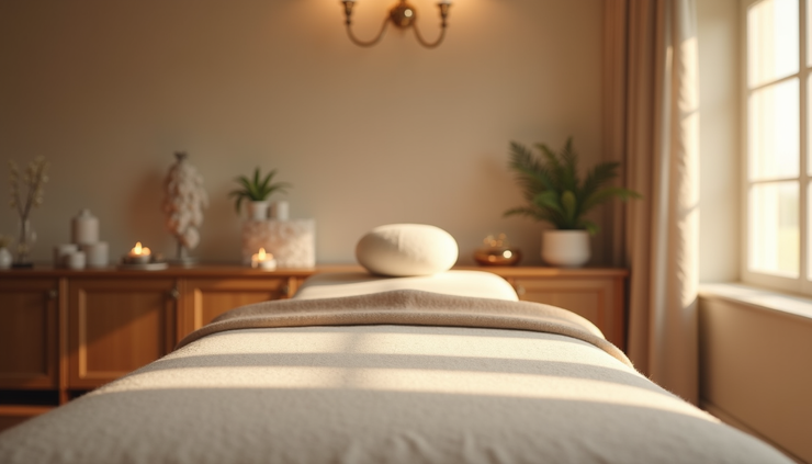 Eye-level view of a massage therapy room with a focus on a comfortable treatment table