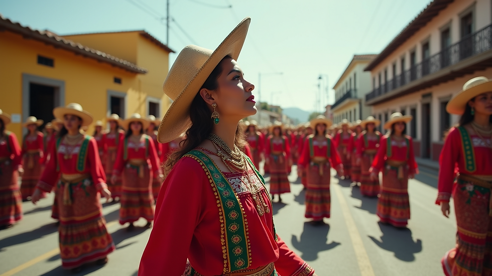 Eye-level view of a parade in a Mexican town with participants dressed in traditional revolutionary costumes