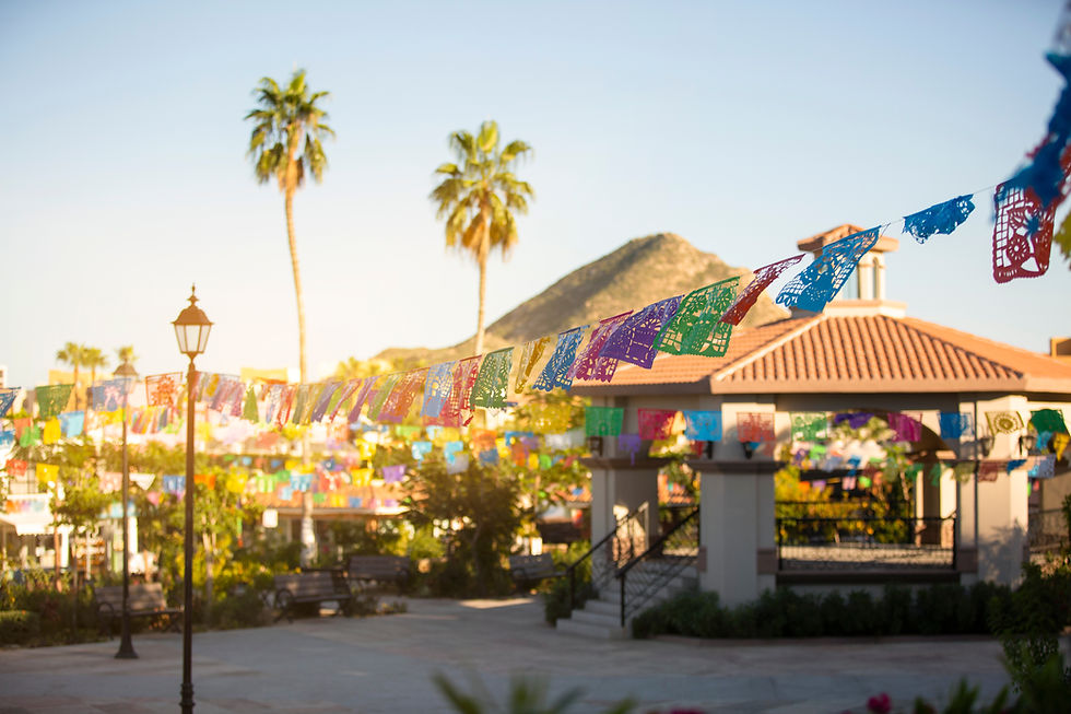 Colorful Papel Picado hangs in a public plaza in downtown Cabo San Lucas,Baja California S