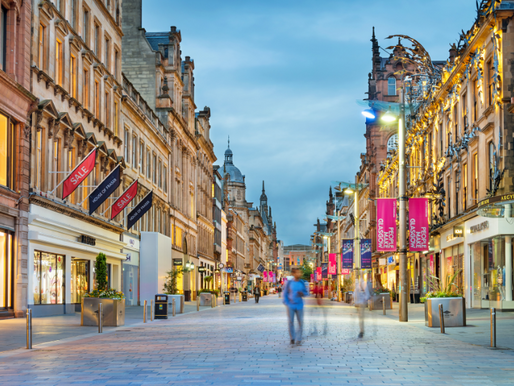 A commercial street at dusk