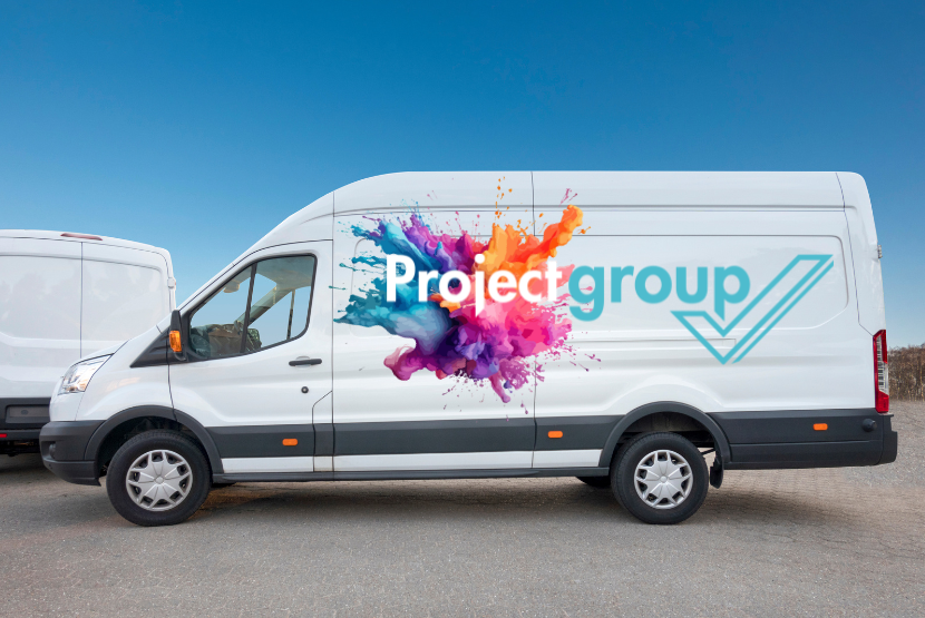A vehicle wrapped business van
