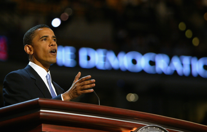 Barack Obama delivering his landmark speech at the 2004 Democratic National Convention, propelling him to the forefront of US politics (Photograph: Spencer Platt for Getty Images)
