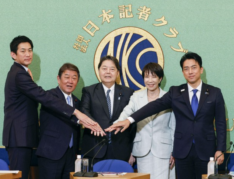 The five candidates for the LDP internal election pose for a photo in Tokyo on Sept. 24th, 2025. (from left to right) former Economic Security Minister Takayuki Kobayashi, former Foreign Minister Toshimitsu Motegi, Chief Cabinet Secretary Yoshimasa Hayashi, Former Internal Affairs Minister Sanae Takaichi and Agricultural Minister Shinjiro Koizumi- Credits: Kyodo