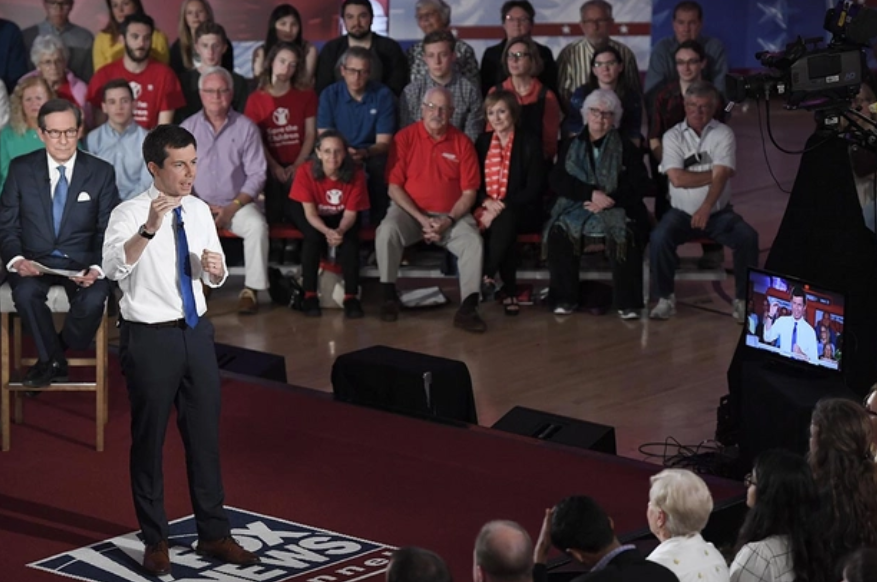 Pete Buttigieg addressing the audience at a town hall event hosted and broadcasted by FOX News (Photograph: Jessica Hill for the Associated Press)