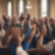 church sanctuary filled with african american men, women and children hands up praising an