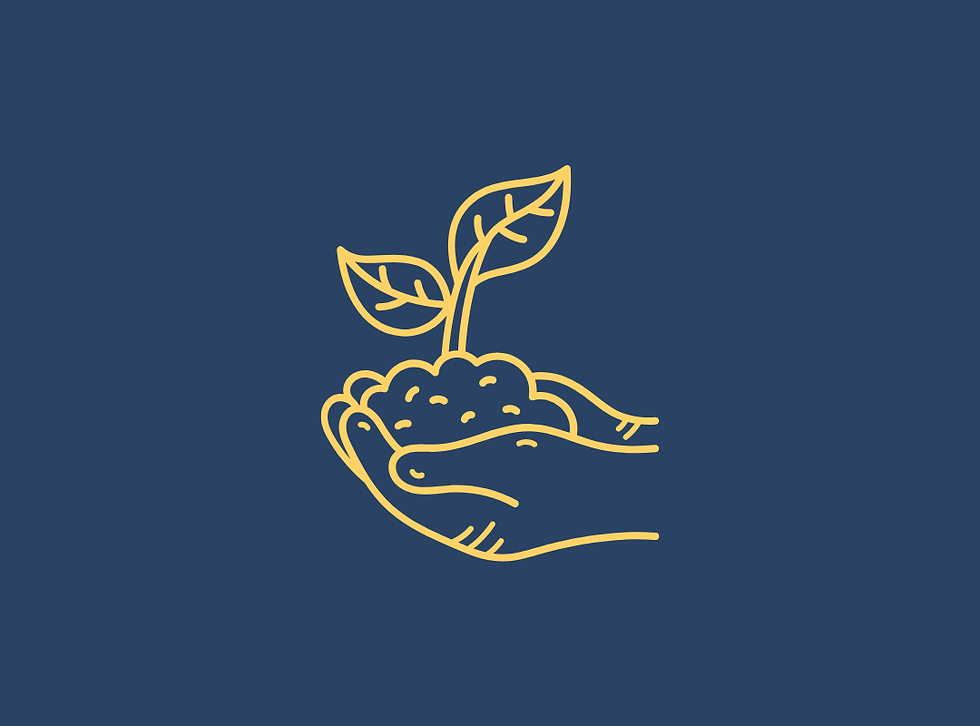 Line drawing of hands cupping a sprouting seed