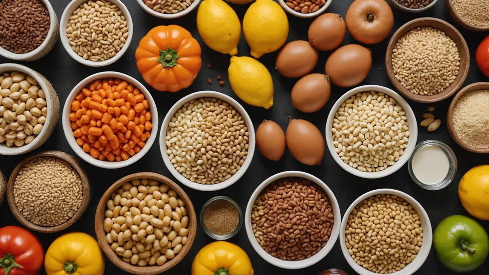 Close-up view of a variety of food bank staple ingredients