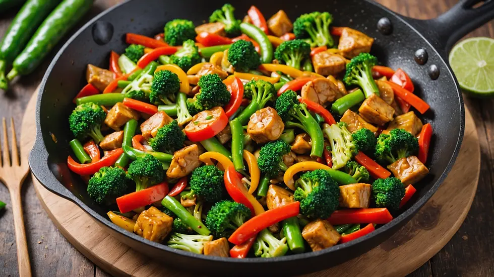 Eye-level view of a vibrant vegetable stir-fry in a skillet