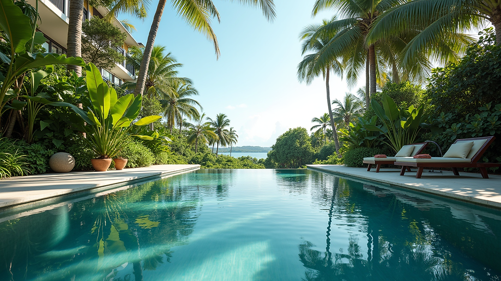 Eye-level view of a private infinity pool overlooking a lush tropical garden