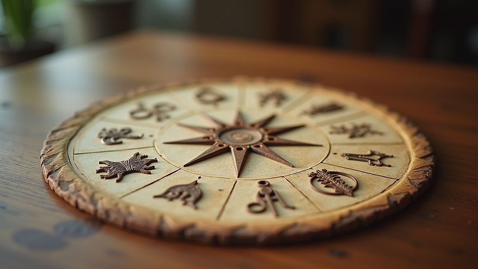 Close-up view of astrological symbols on a wooden table