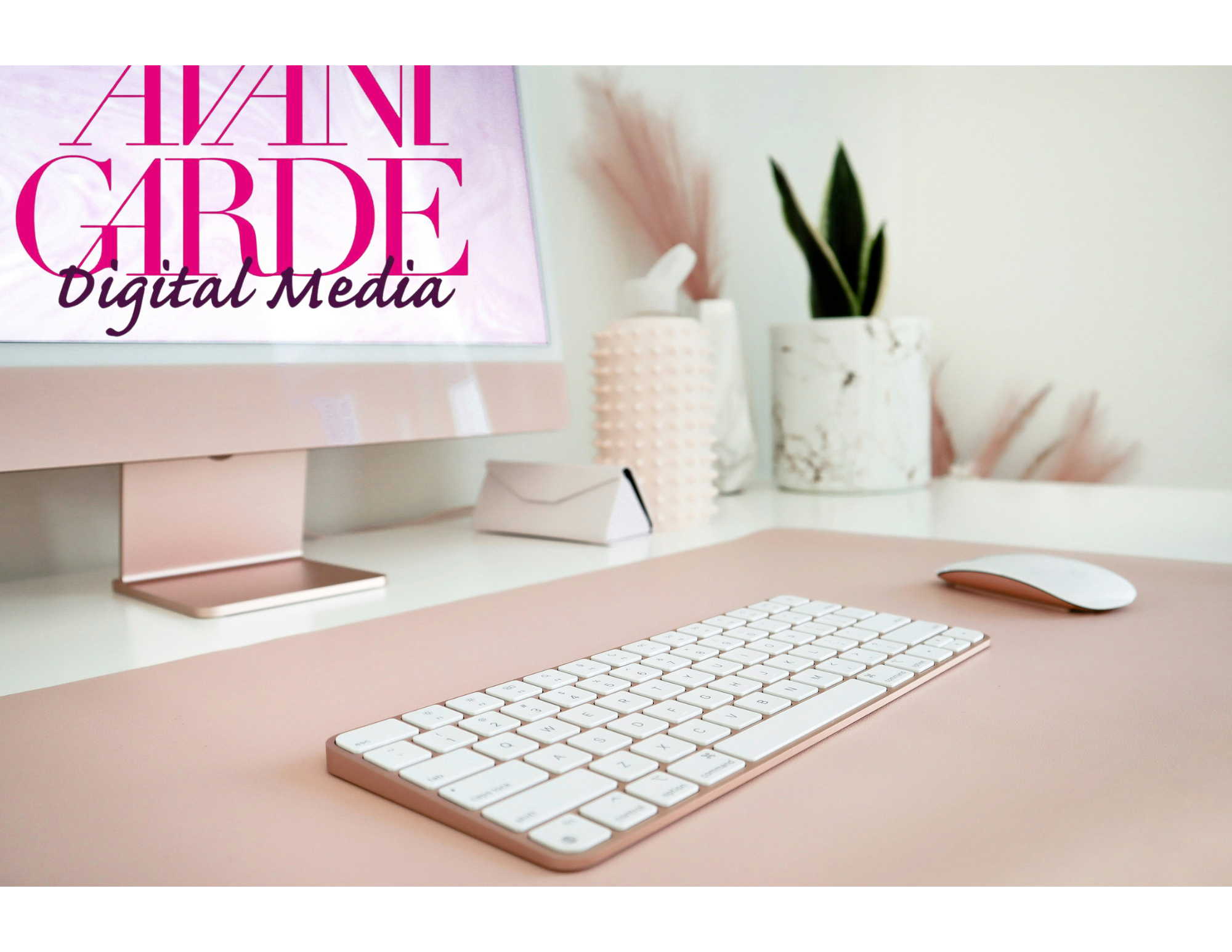 A desktop with a laptop keyboard, pens a cup of coffee and other desk supplies.