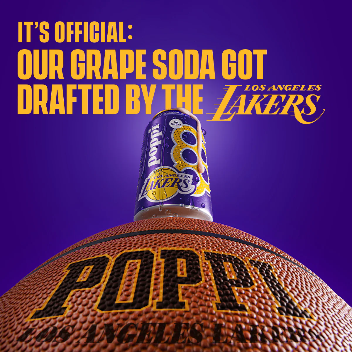 LA Lakers Poppi Ad with grape soda on top of a basketball that has the words Poppi on it