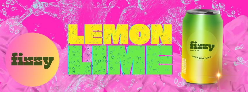 An Facebook cover photo for Lemon Lime Fizzy soda with a bright pink background and a splash of water 