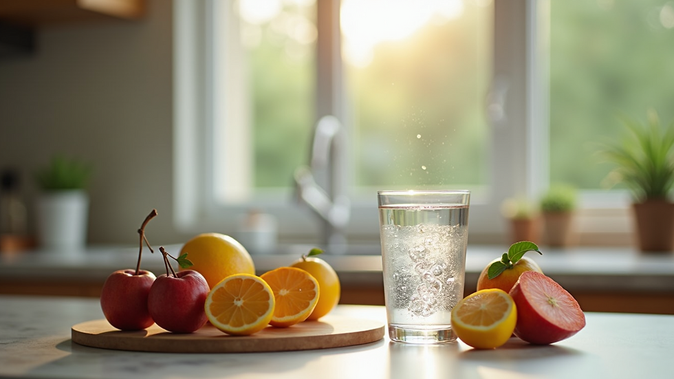 High angle view of a glass of water and fresh fruits on a kitchen counter