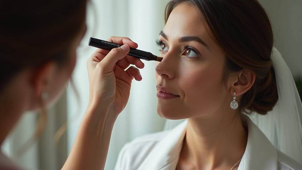 Close-up view of a makeup artist applying foundation on a bride