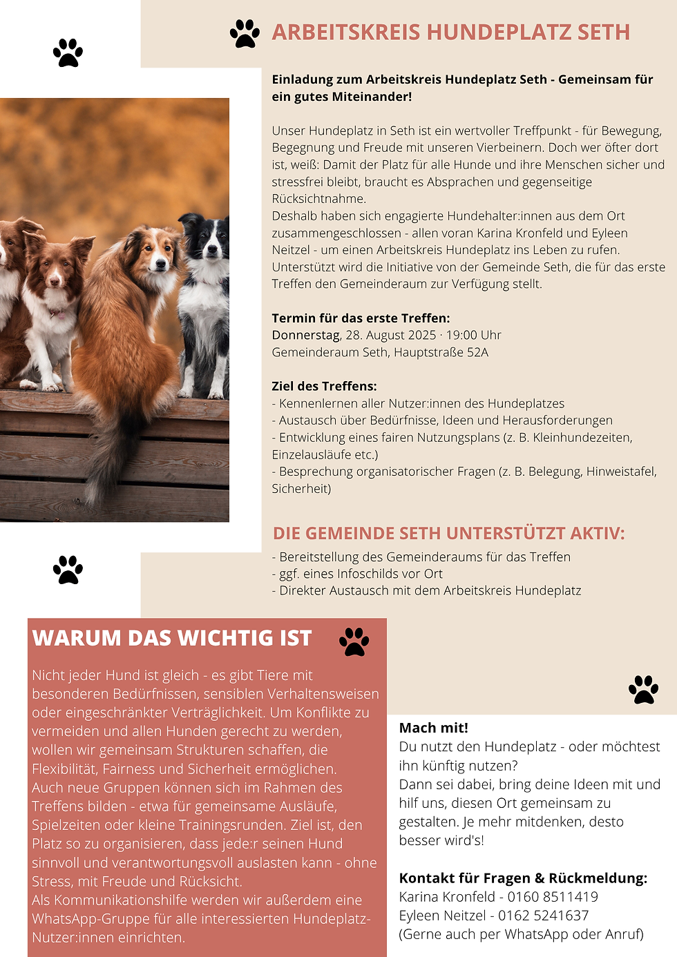 Arbeitskreis Hundeplatz Seth - 1. Treffen Donnerstag, 28. August 2025 um 19 Uhr - Gemeinderaum Seth