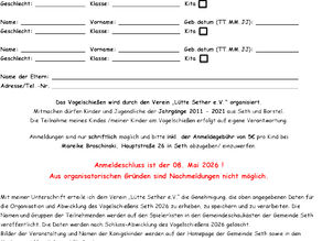 Anmeldung für das Vogelschiessen 2026
