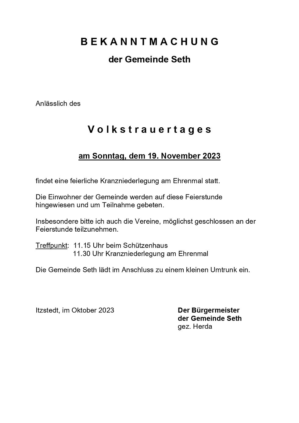 19. November 2023 Volkstrauertag Kranzniederlegung