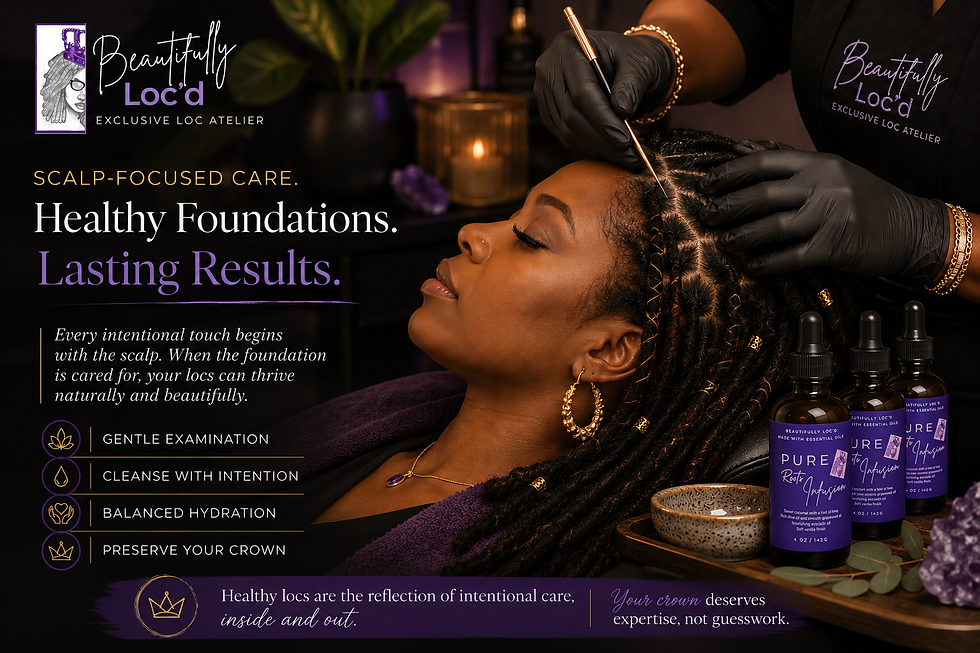 Professional gently examining the scalp and roots of mature locs as part of an intentional, scalp-conscious loc care routine.