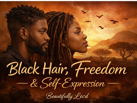 Black man and woman in profile against a rich, earthy landscape with birds in flight, symbolizing Black hair, cultural identity, freedom, and self-expression in a bold editorial blog cover.