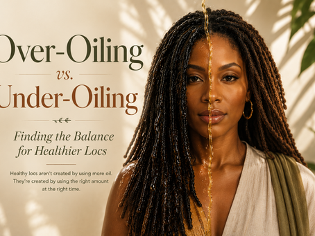 Black woman with healthy locs in a split-style editorial image representing over-oiling, under-oiling, and balanced scalp care for a blog about finding the right oil routine for locs.