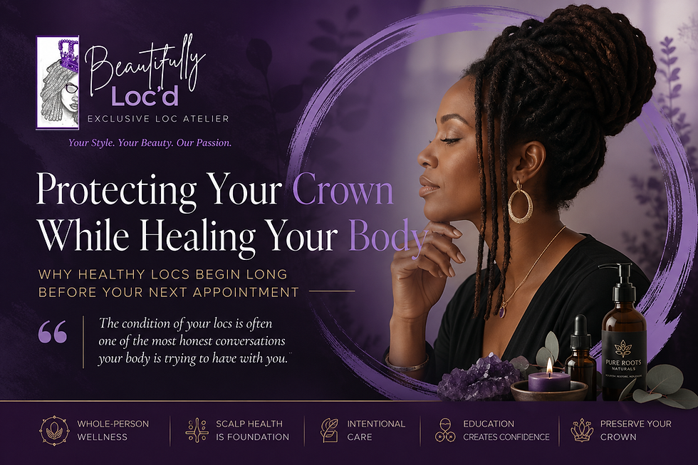 Editorial portrait of a Black woman with healthy locs representing the connection between whole-body healing, scalp wellness, and intentional crown care.