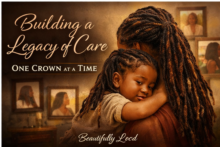 Black woman with locs embracing a young child in a warm home setting, featured on a heartfelt blog cover about legacy, generational care, and honoring natural hair one crown at a time.
