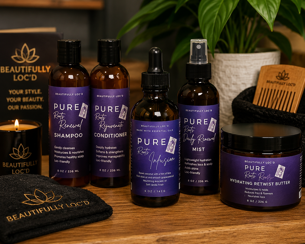 Eye-level view of natural hair care products arranged on a marble countertop
