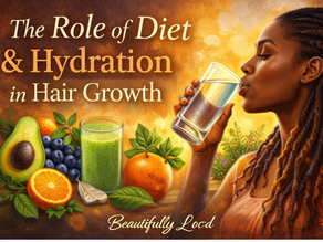 Hair growth wellness banner with Black woman, water, fruit, and smoothie.