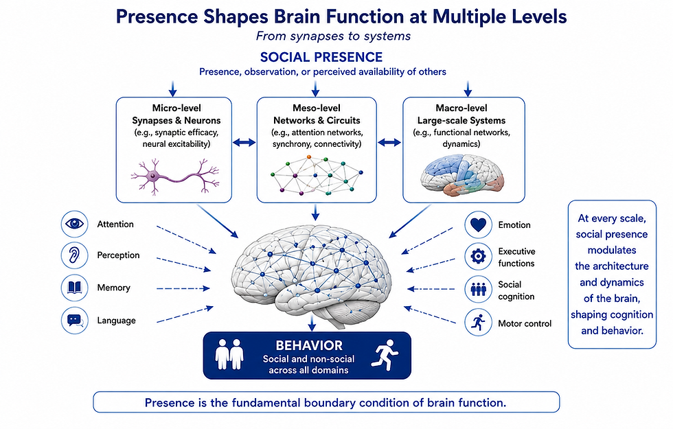 Infographie sur la présence sociale : neurones, réseaux et cerveau reliés, modulant attention, émotion et comportement.