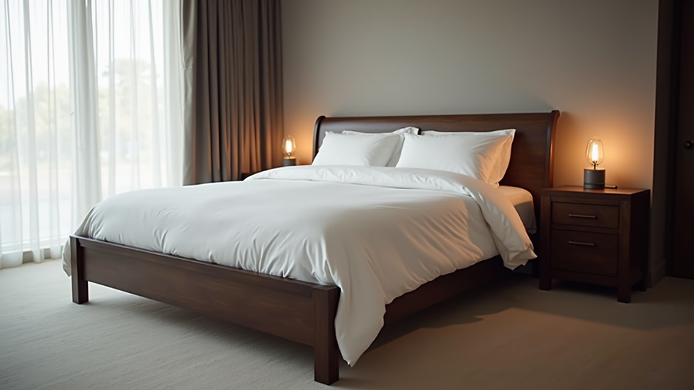Eye-level view of a modern bedroom featuring a dark wood sleigh bed with soft white bedding