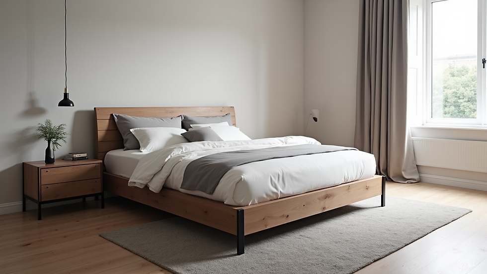 High angle view of a contemporary sleigh bed with metal accents in a minimalist bedroom
