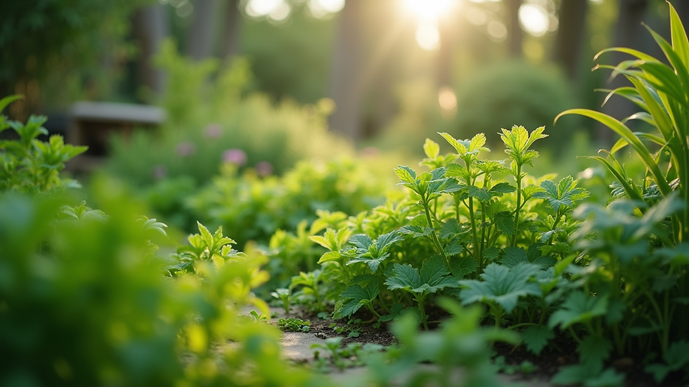 Eye-level view of a lush green garden with diverse plants