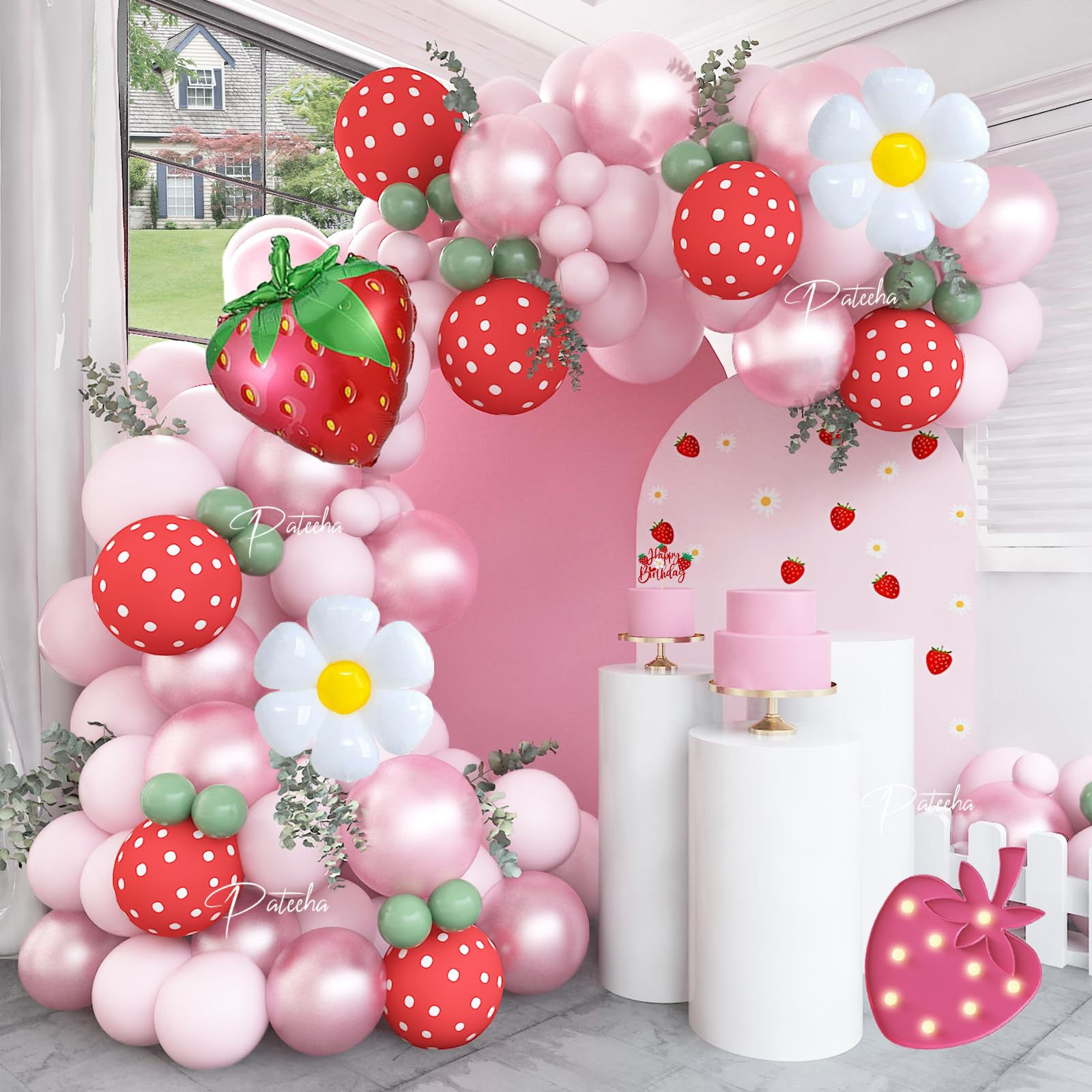 Pateeha Strawberry Balloon Arch Kit 12ft Berry First Birthday Decor Foil Daisy B