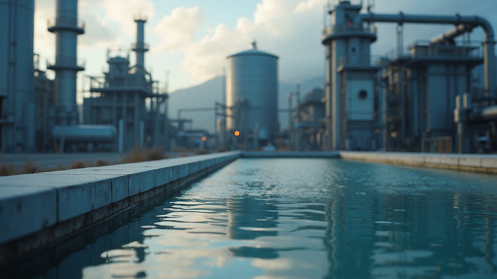 Close-up view of industrial plant with water treatment system