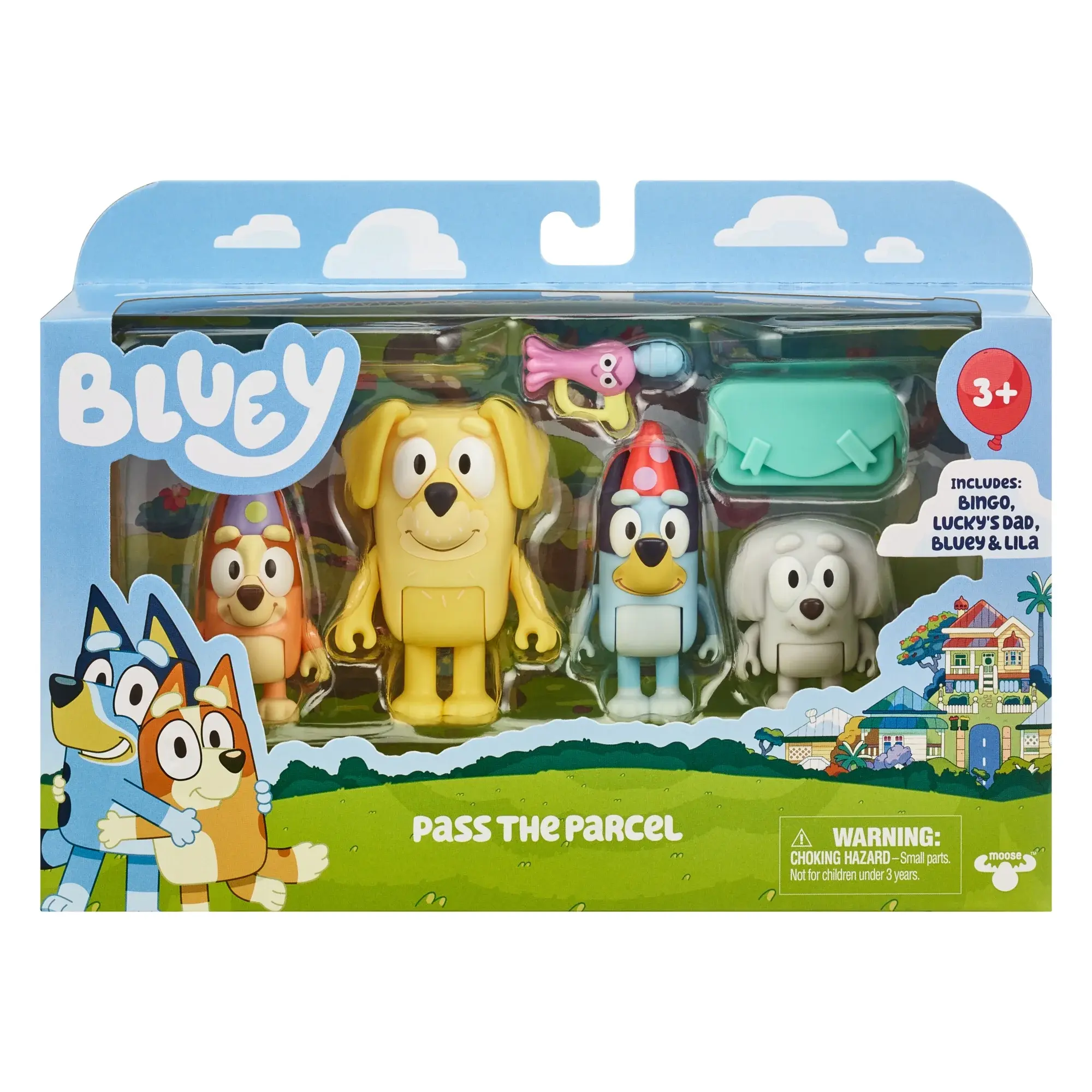 Bluey Pass the Parcel Includes Bluey, Bingo, Lucky's Dad and Lila 4 Pack Figure