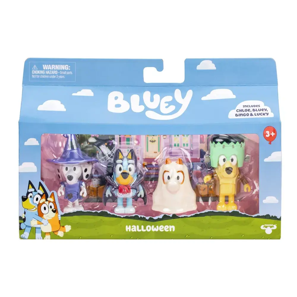 Bluey Halloween 4 Pack, 2.5 inch Figures, Bluey, Bingo, Chloe and Lucky , Ages 3+, Toddler Toys