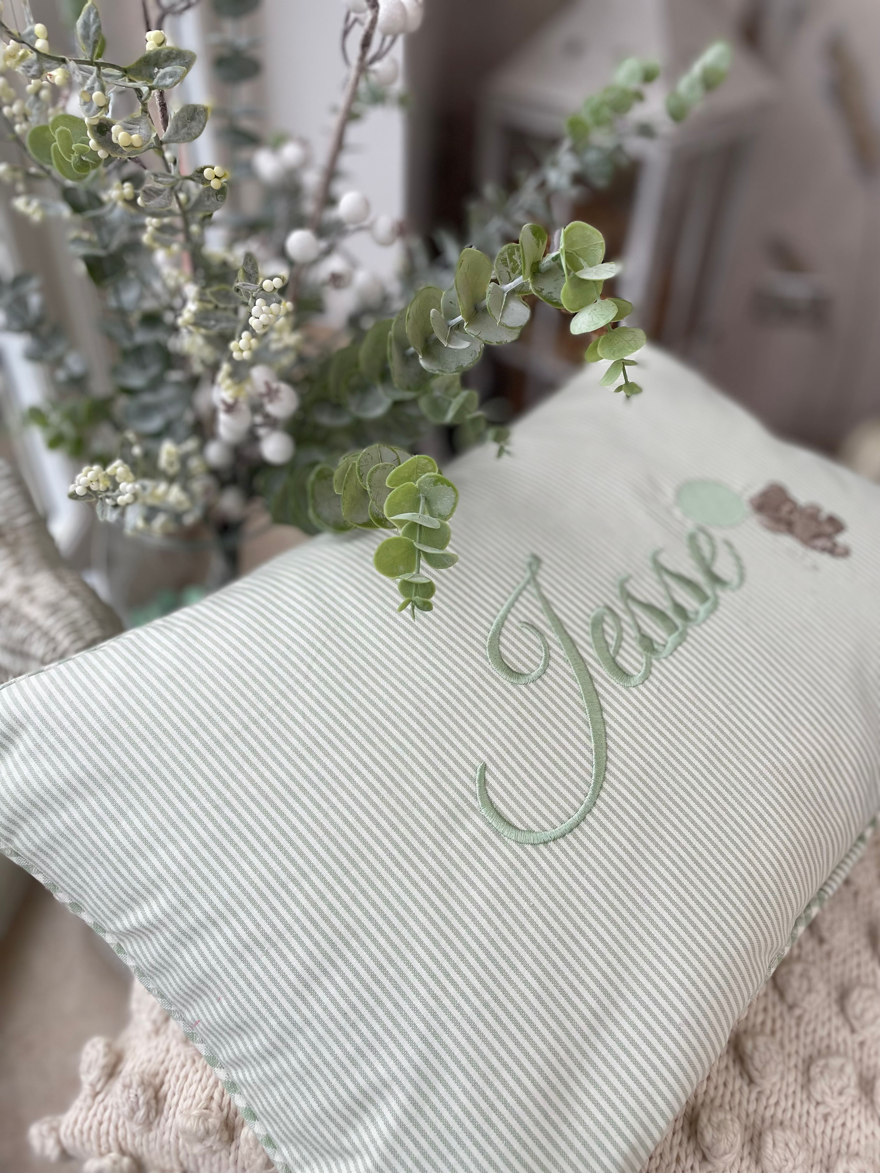 Sage Green stripe embroidered Nursery cushion