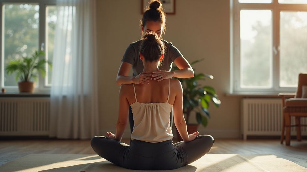 Close-up view of a yoga instructor guiding a student through a posture correction