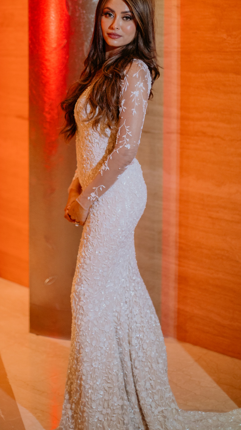 White wedding dress, Christian.  Custom reception gown Bespoke luxury nude bridal  hand embroidery mumbai