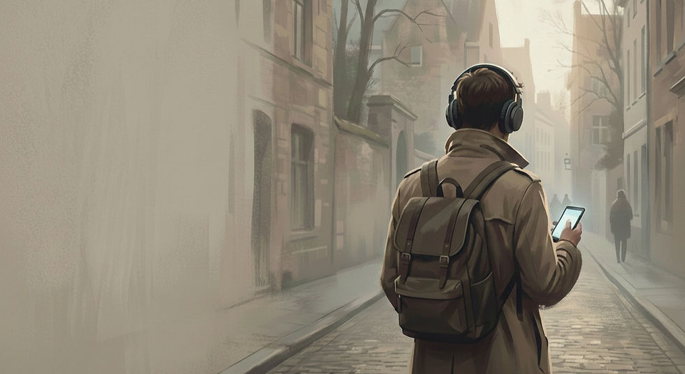 Hráč venkovní únikové hry procházející po městě a poslouchající audio průvodce, který ho provází městem, říká mu kudy jít a dává mu úkoly