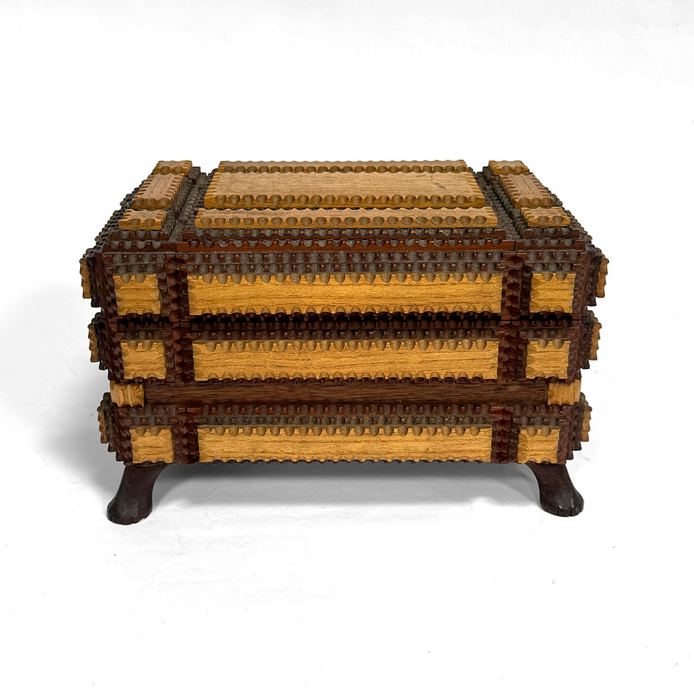 Thumbnail: Antique Footed Two-Tone Tramp Art Jewelry Box with Mirror