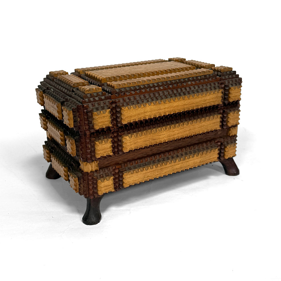 Thumbnail: Antique Footed Two-Tone Tramp Art Jewelry Box with Mirror
