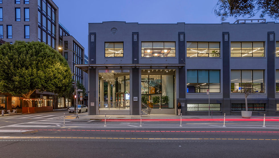 Exterior of Ripple's global headquarters at 600 Battery Street in San Francisco at twilight, photographed by Emily Hagopian Photography