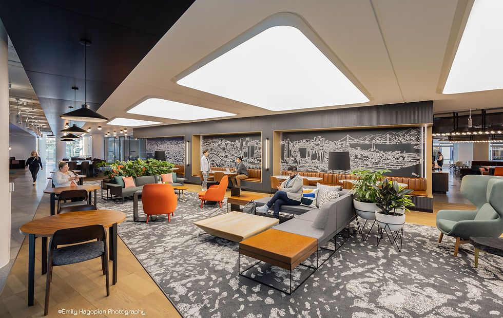 A lounge style Front Porch gathering space at a confidential global professional services firm's San Francisco workplace, designed by Vocon; Emily Hagopian Photography