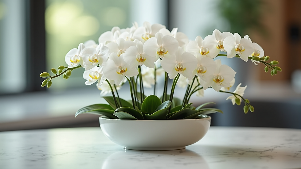 Eye-level view of a modern floral centerpiece with white orchids and sleek vase