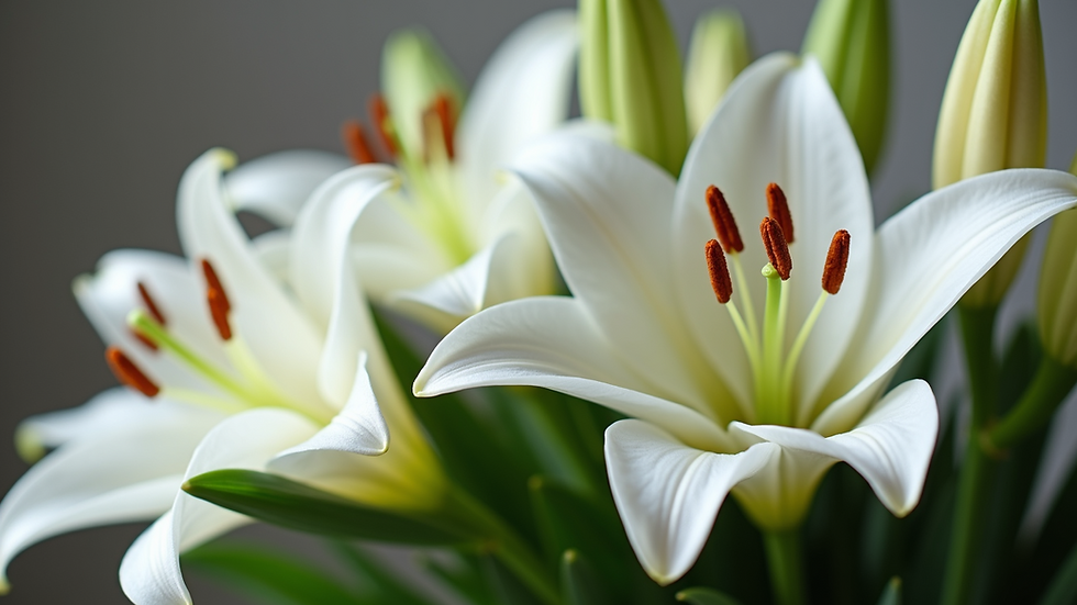 Close-up view of white lilies arranged in a funeral bouquet